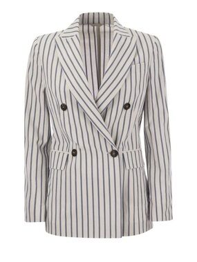 Brunello Cucinelli Striped Double-Breasted Blazer in White & Blue